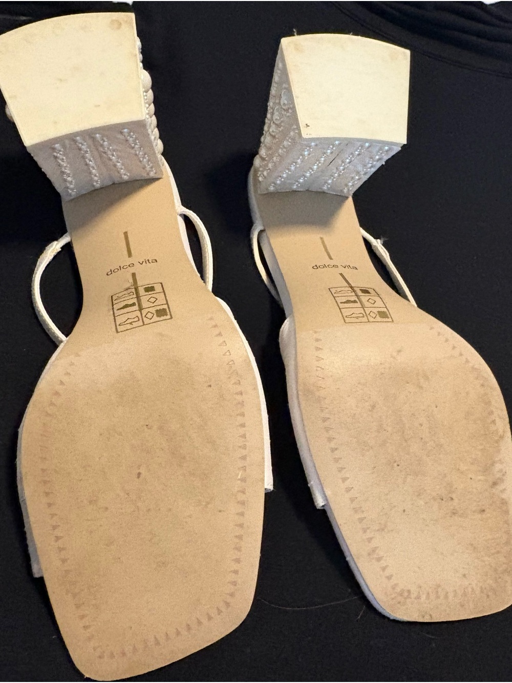 Dolce Vita Jemmy Ivory Satin Block Heel Sandals with Pearl-Embellished Heel - Picture 13 of 13